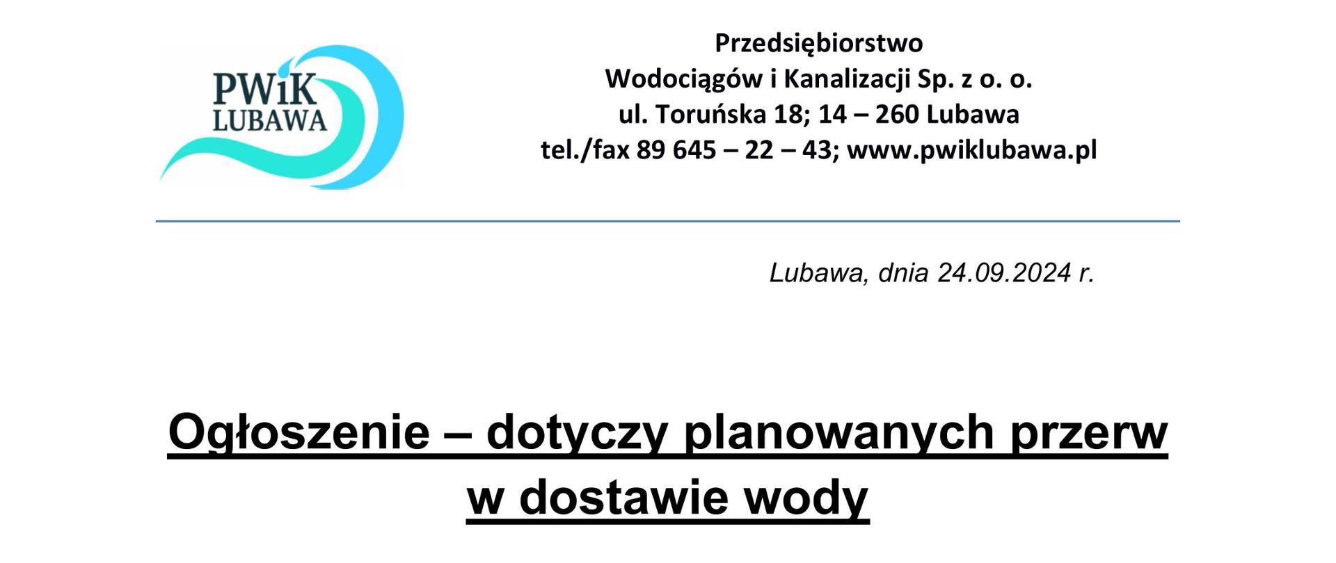 Ogłoszenie - planowane przerwy w dostawie wody 24 09 2024