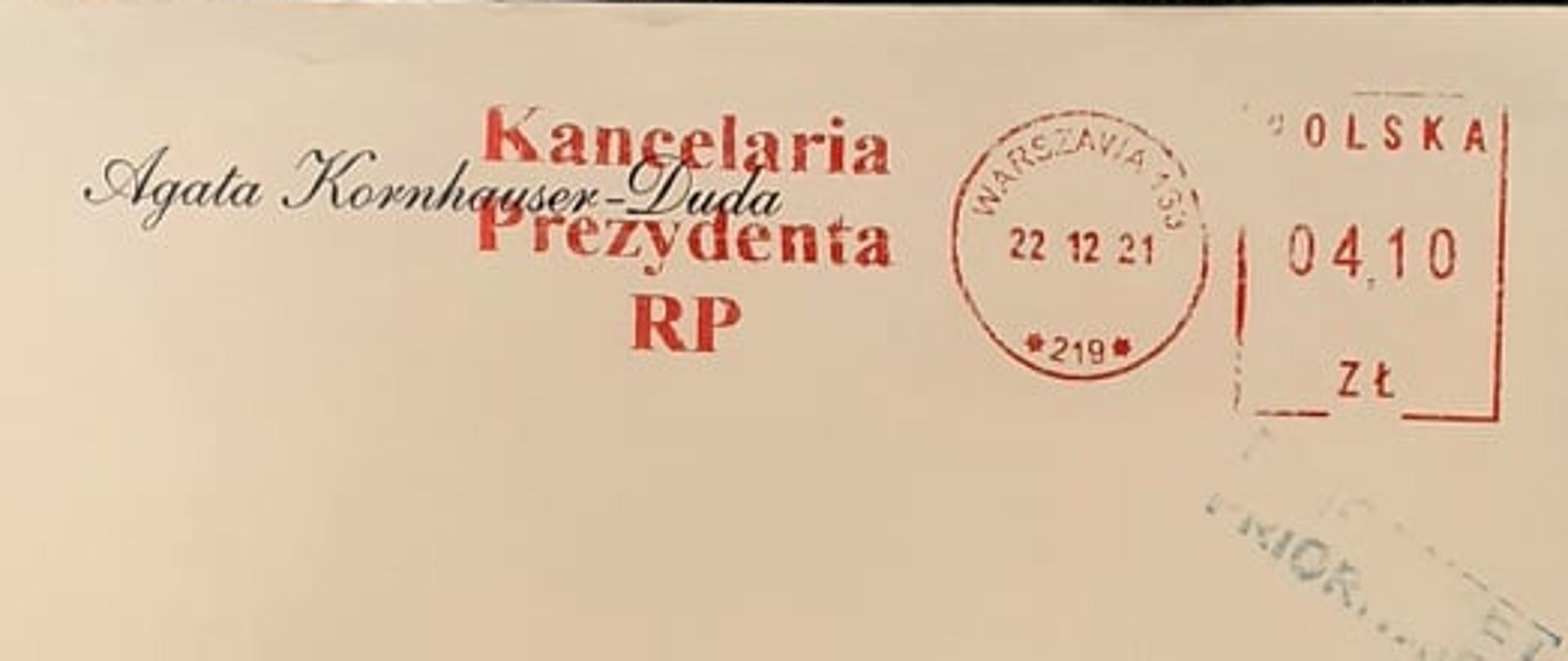 koperta z życzeniami od żony Prezydenta Agaty Kornhauser-Dudy
