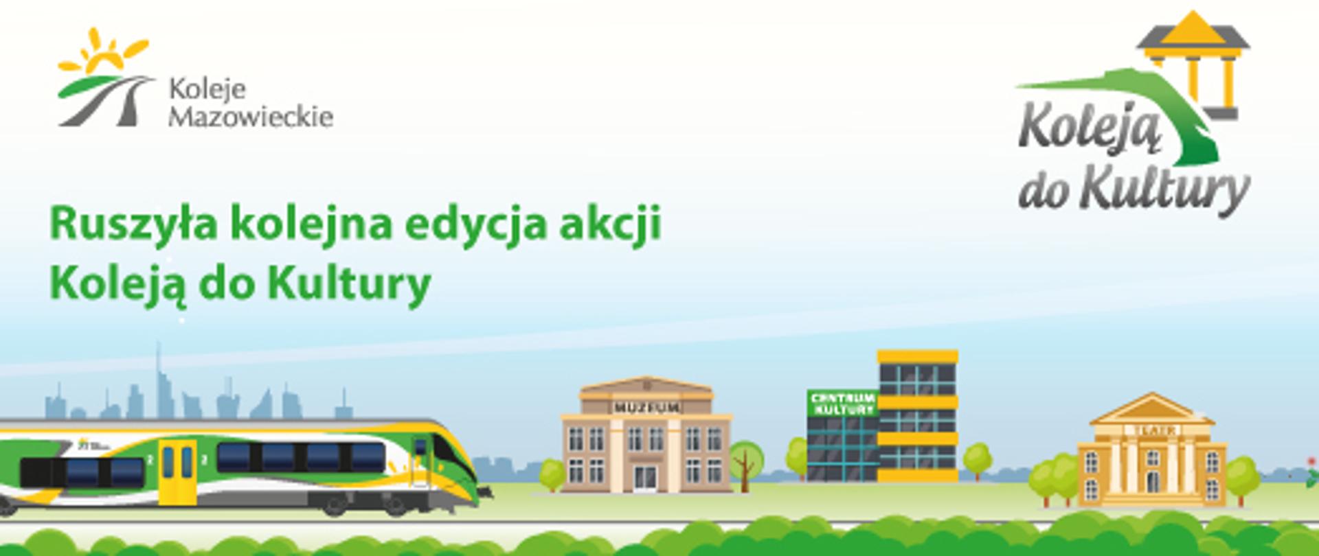 na banerze widzimy ilustrację jadącego pociągu przejeżdżającego obok muzeum, centrum kultury oraz teatru. Nad ilustracją widzimy napis: Ruszyła kolejna edycja akcji Koleją do Kultury. Nad napisem logotypy Koleje Mazowieckie oraz logotyp akcji.