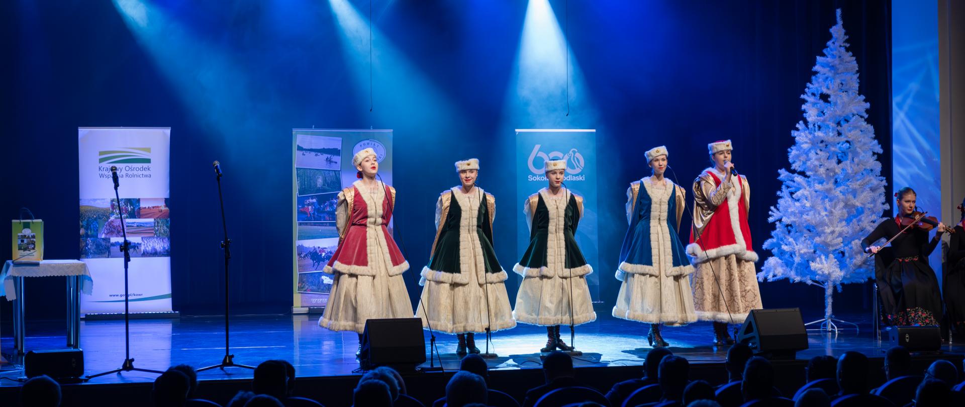 Widok z perspektywy publiczności na scenę Sokołowskiego Ośrodka Kultury. W pierwszym planie widzimy kilka rzędów foteli, na których siedzi publiczność. Powyżej na scenie oświetlonej niebieskim światłem widzimy pięć dziewcząt w strojach ludowych, które stoją w szeregu przy mikrofonach i śpiewają kolędę. W tle widzimy rollupy promocyjne Powiatu Sokołowskiego, Krajowego Ośrodka Wsparcia Rolnictwa oraz Miasta Sokołów Podlaski.