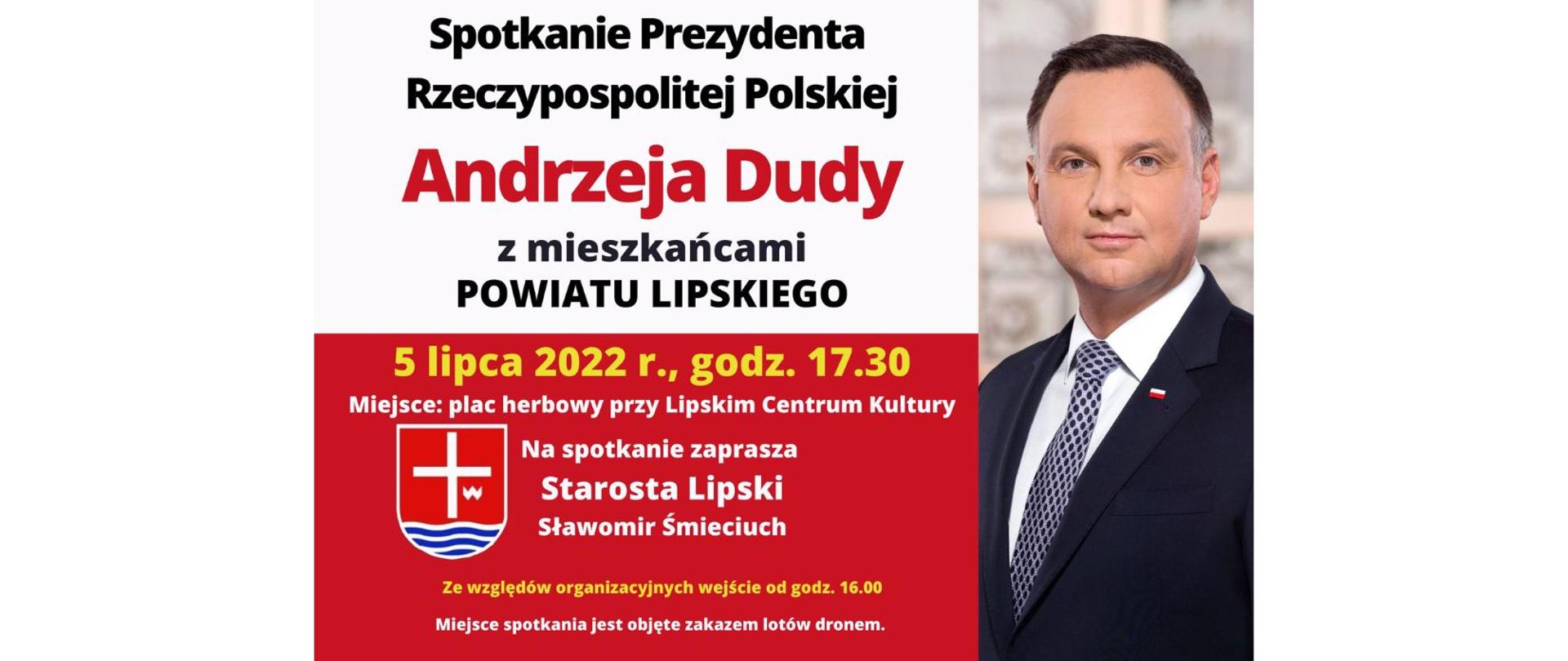 Plakat wydarzenia. Treść zgodna z treścią artykułu. Zdjęcie Prezydenta RP na biało-czerwonym tle z herbem powiatu.
