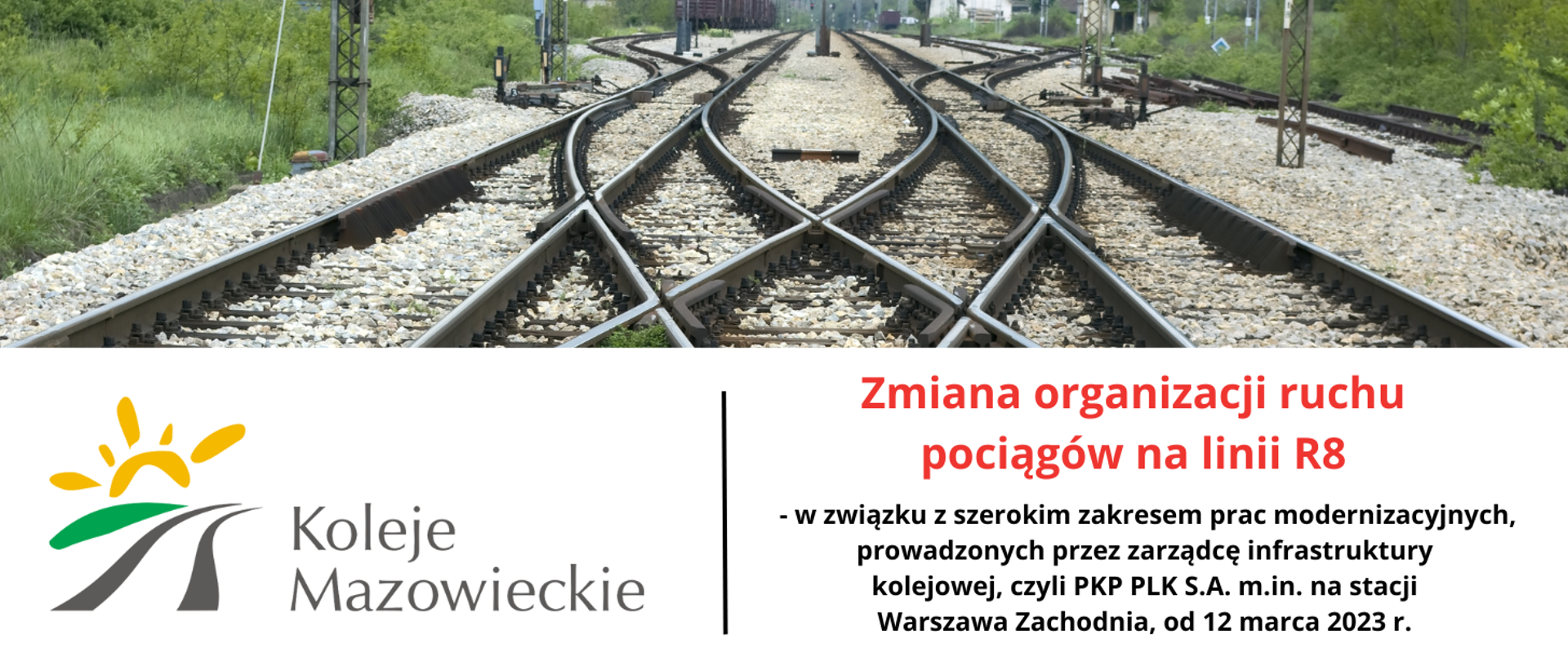 Grafika dla wpisu o zmianie organizacji ruchu pociągów na linii R8. Treść w artykule.
