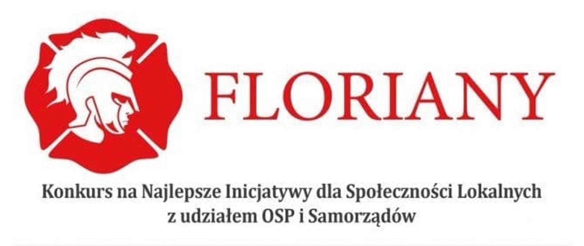białe tło czerwone litery Floriany i czarne litery na dole z lewej strony grafika strażaka w hełmie 