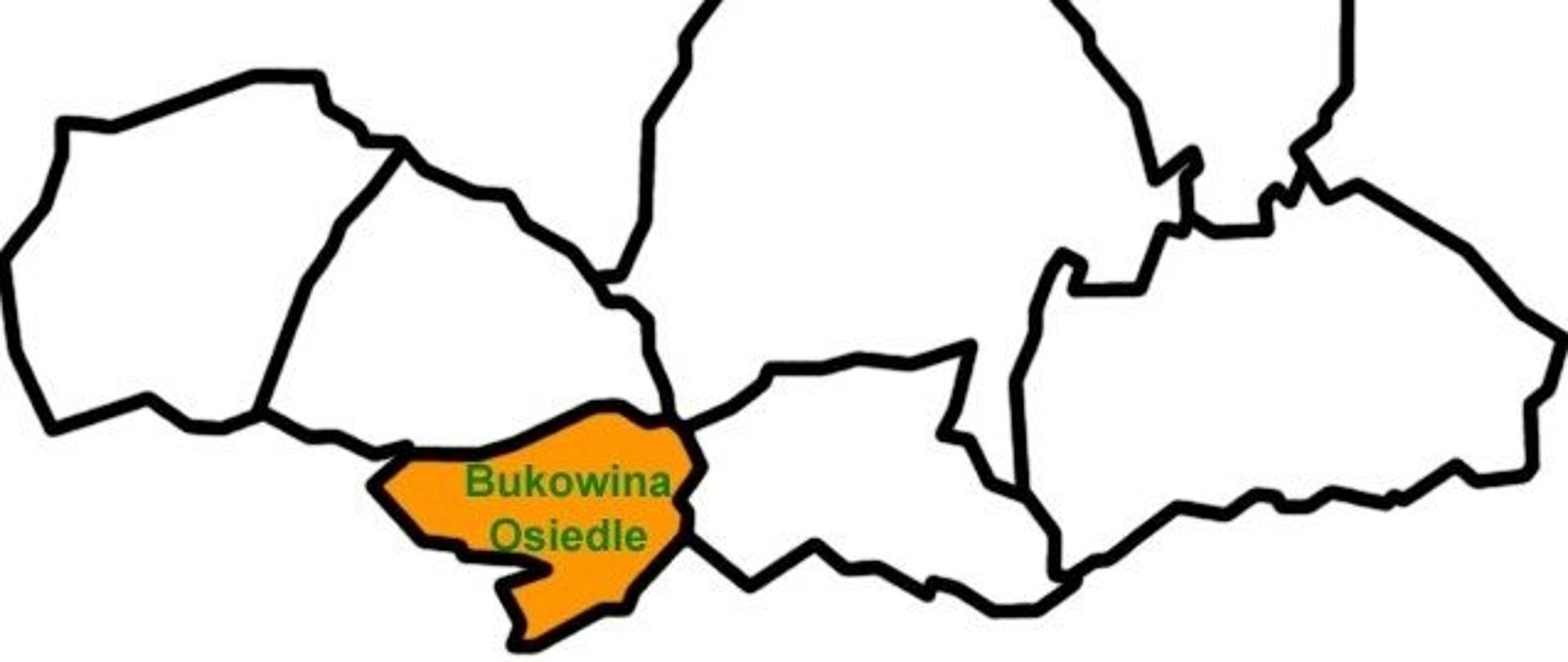 Zdjęcie przedstawia zarys gminy Raba Wyżna z zaznaczonym na kolor pomarańczowy sołectwem Bukowina Osiedle