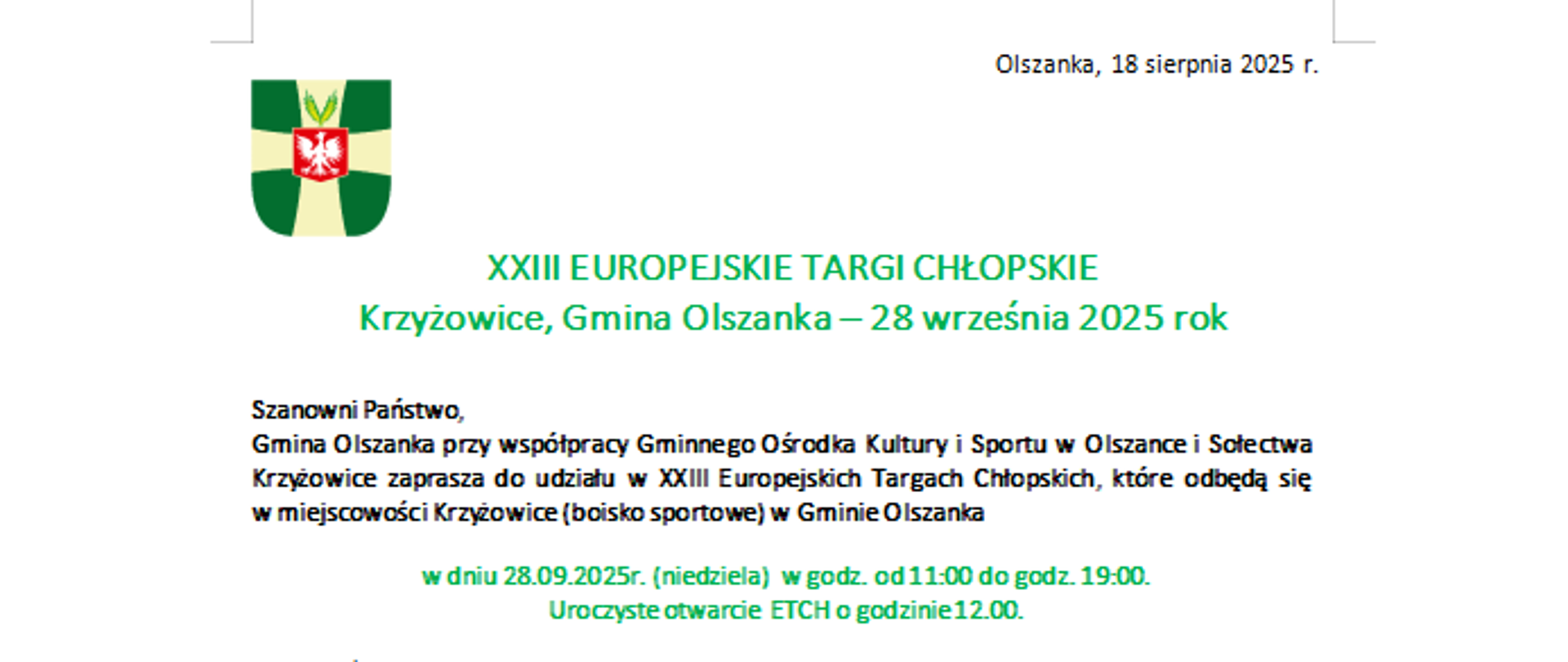 Informacja o organizowanych przez Gminę Olszanka Targach Chłopskich