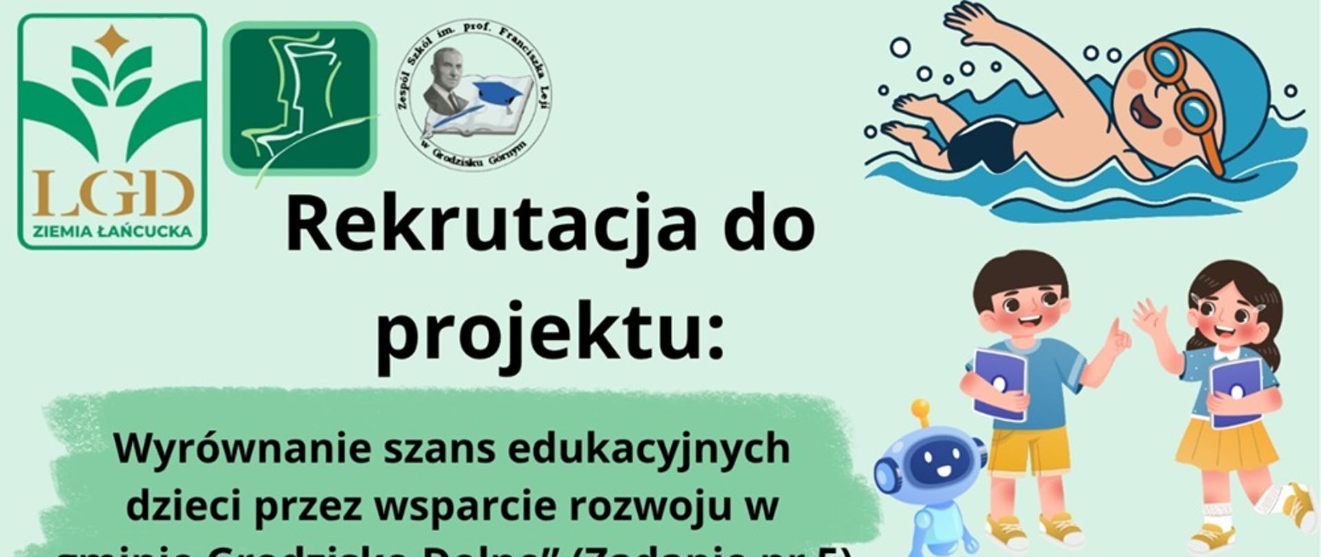 zielone tło czarne litery rekrutacja do projektu z boku grafiki dzieci uprawiające różne sporty