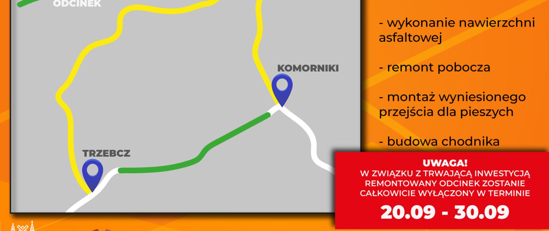 Na pomarańczowym tle informacje o przebudowie i remoncie drogi na odcinku Trzebcz-Polkowice. Z lewej strony szara mapa z naniesioną trasą objazdu oraz naprawianym odcinkiem.