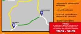Na pomarańczowym tle informacje o przebudowie i remoncie drogi na odcinku Trzebcz-Polkowice. Z lewej strony szara mapa z naniesioną trasą objazdu oraz naprawianym odcinkiem. Z prawej strony informacja o dacie remontu.