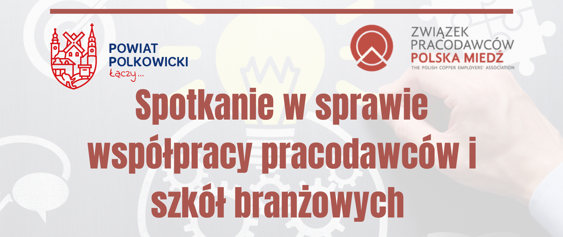Grafika informująca o spotkaniu w sprawie współpracy pracodawców i szkół branżowych w Starostwie Powiatowym w Polkowicach