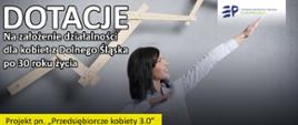 Na niebieskiej ścianie stoi kobieta bokiem z wyciągniętymi rękoma ku górze
