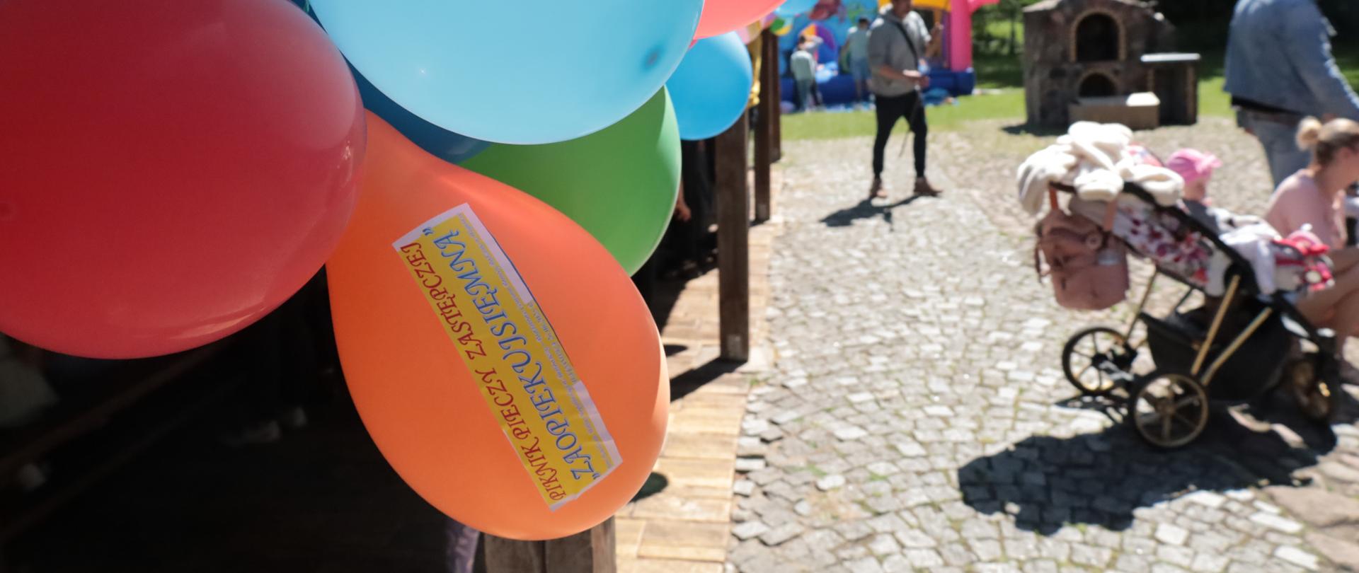 Dekoracje miejsca pikniku p balony z hasłem "zaopiekuj się mną"