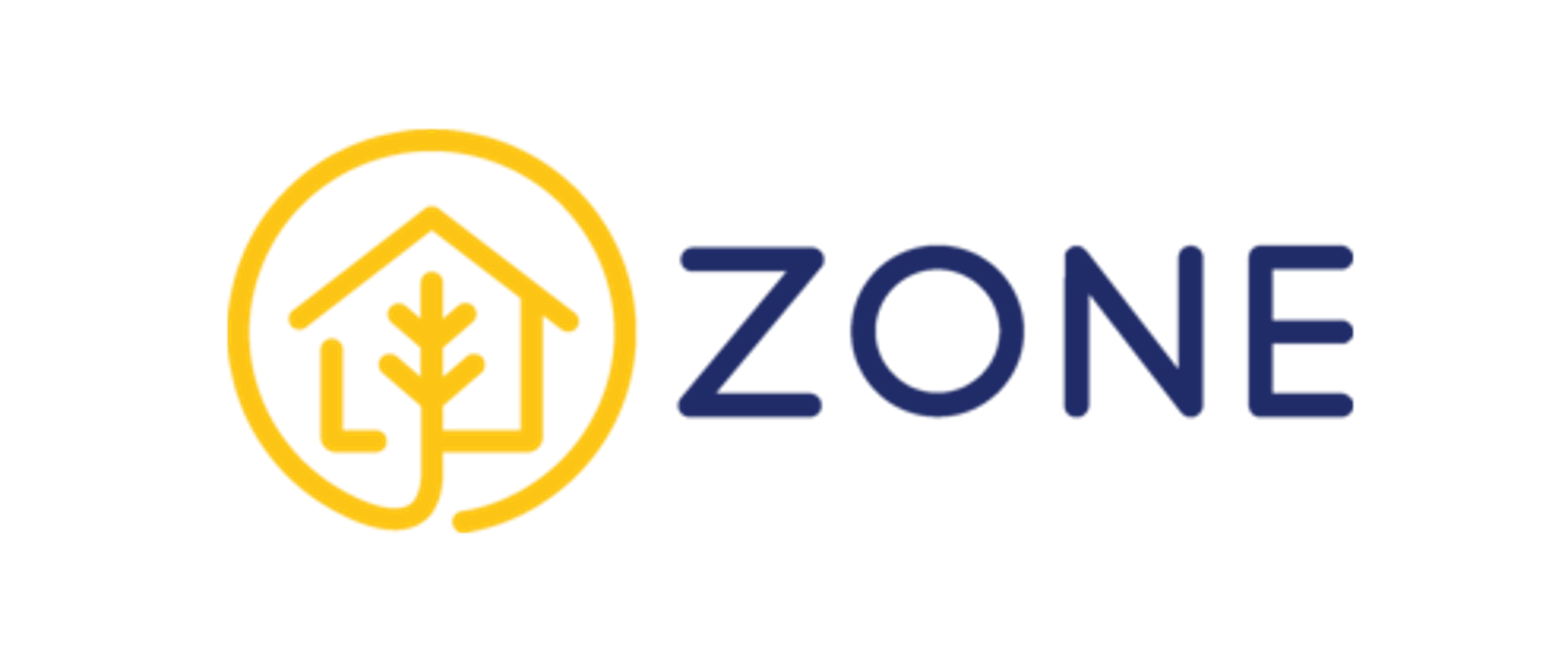 grafika wykonana żółtą kreską - symbol domu, w środku symbol drzewa iglastego, całość otoczona żółtym niepełnym okręgiem, po prawej niebieski napis ZONE