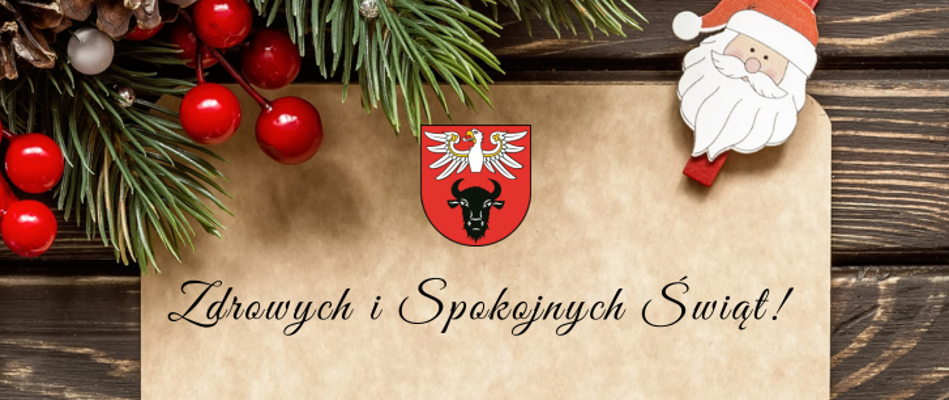 banner z świątecznym zdjęciem, na środku znajduje się tekst "Zdrowych i Spokojnych Świąt!", logo powiatu zambrowksiego