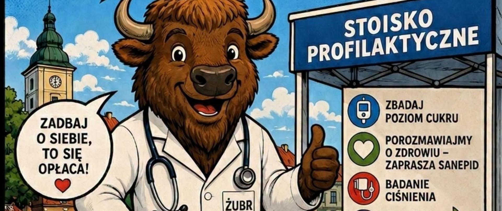 Na plakacie umieszczono wizerunek żubra przy stosiku profilaktycznym, u dołu data i miejsce wydarzenia oraz logotypy projektu
