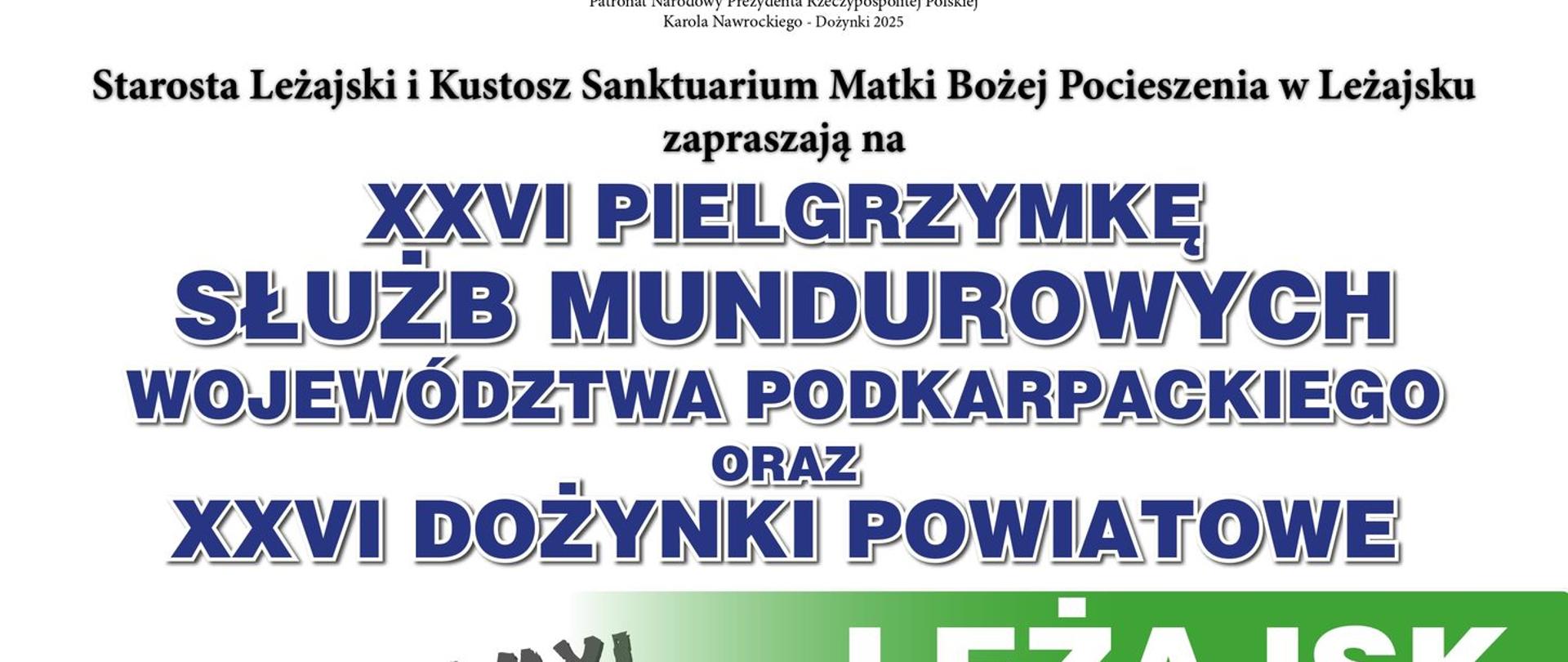 Białe tło, u dołu z lewej strony wieńce dożynkowe, kwiaty i chleb zaproszenie na dożynki powiatowe kolorowe litery 