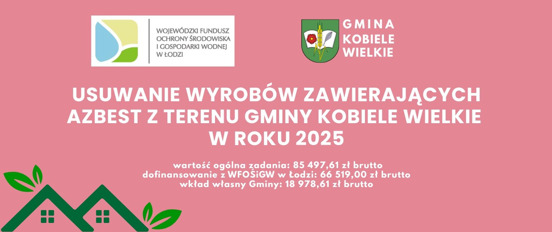 Baner informacyjny Gminy Kobiele Wielkie dotyczący projektu usuwania wyrobów zawierających azbest w 2025 roku. Na grafice znajdują się logotypy Wojewódzkiego Funduszu Ochrony Środowiska i Gospodarki Wodnej w Łodzi oraz herb gminy. Podano koszty: całkowita wartość zadania 85 497,61 zł, dofinansowanie 66 519,00 zł oraz wkład własny 18 978,61 zł.