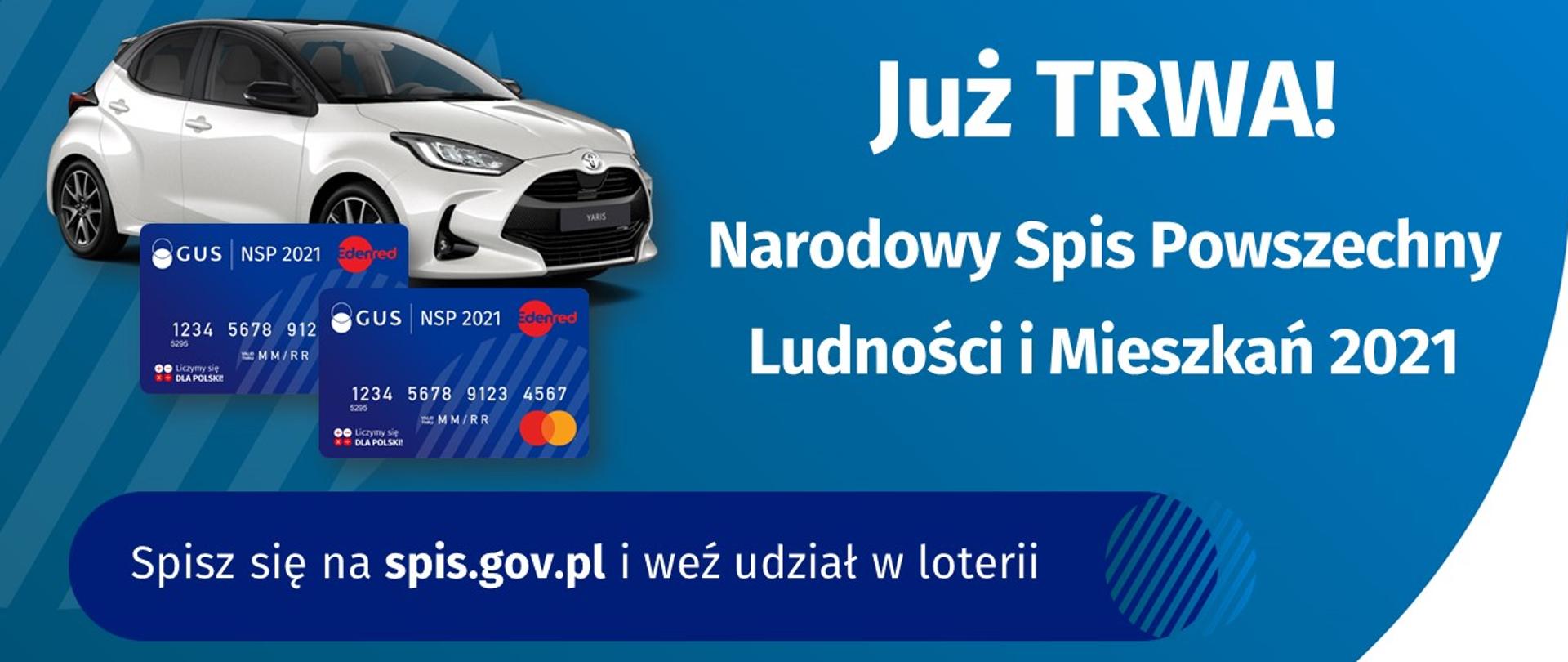 Na niebieskim tle znajduje się biały samochód marki toyota oraz dwie karty płatnicze w kolorze granatowym. Na plakacie znajduję się informacja o loterii, w której można wziąć udział po wcześniejszym spisaniu się na stronie www.spis.gov.pl.