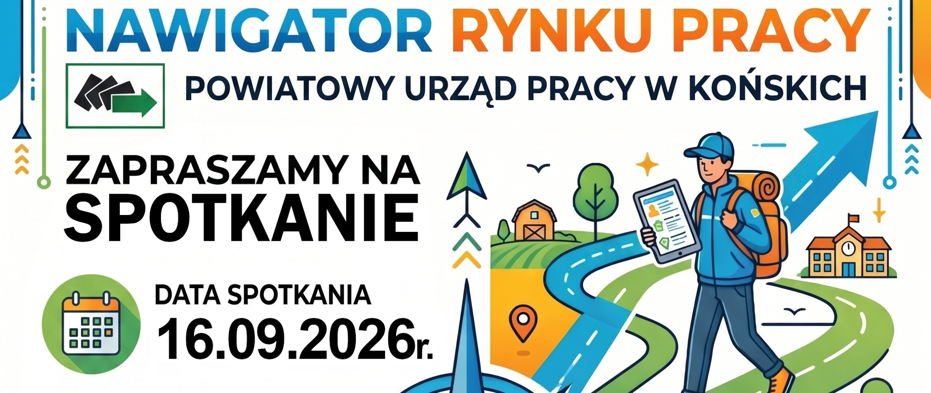 Plakat Powiatowego Urzędu Pracy w Końskich zapraszający na spotkanie w ramach „Nawigatora Rynku Pracy” w dniu 16.09.2026 r. w godzinach 10:00–14:00 w GOPS w Rudzie Malenieckiej.
