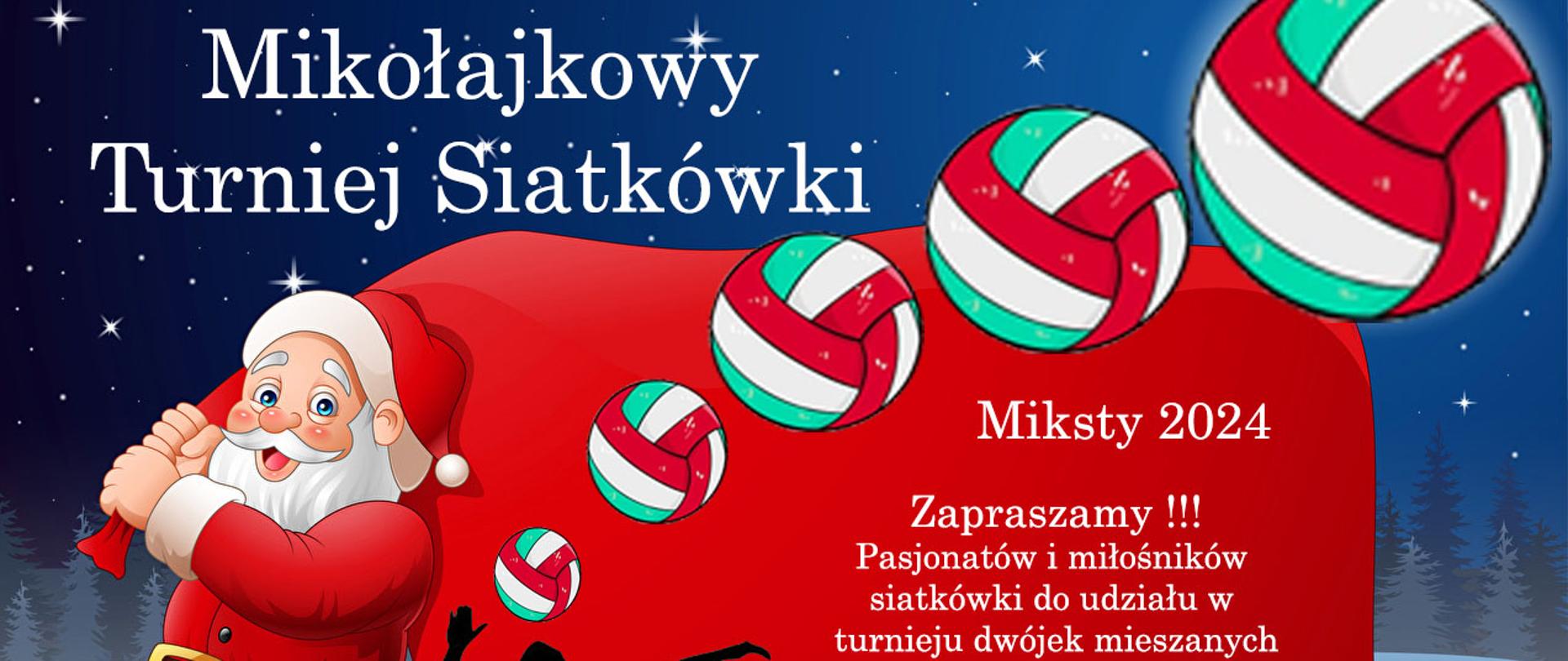 Mikołaj z workiem prezentów w tle grafika mężczyzny grającego w piłkę siatkową czerwono niebieskie tło zaproszenie na mikołajkowy turniej siatkówki 