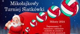 Mikołaj z workiem prezentów w tle grafika mężczyzny grającego w piłkę siatkową czerwono niebieskie tło zaproszenie na mikołajkowy turniej siatkówki 