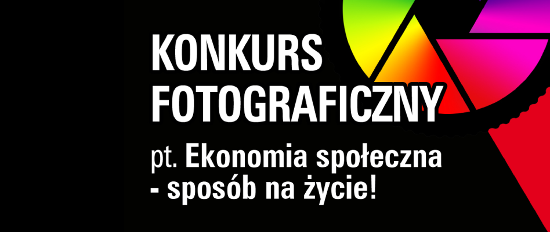 Biały napis na czarnym tle oraz kolorowe trójkąty przedstawiające przysłonę aparatu