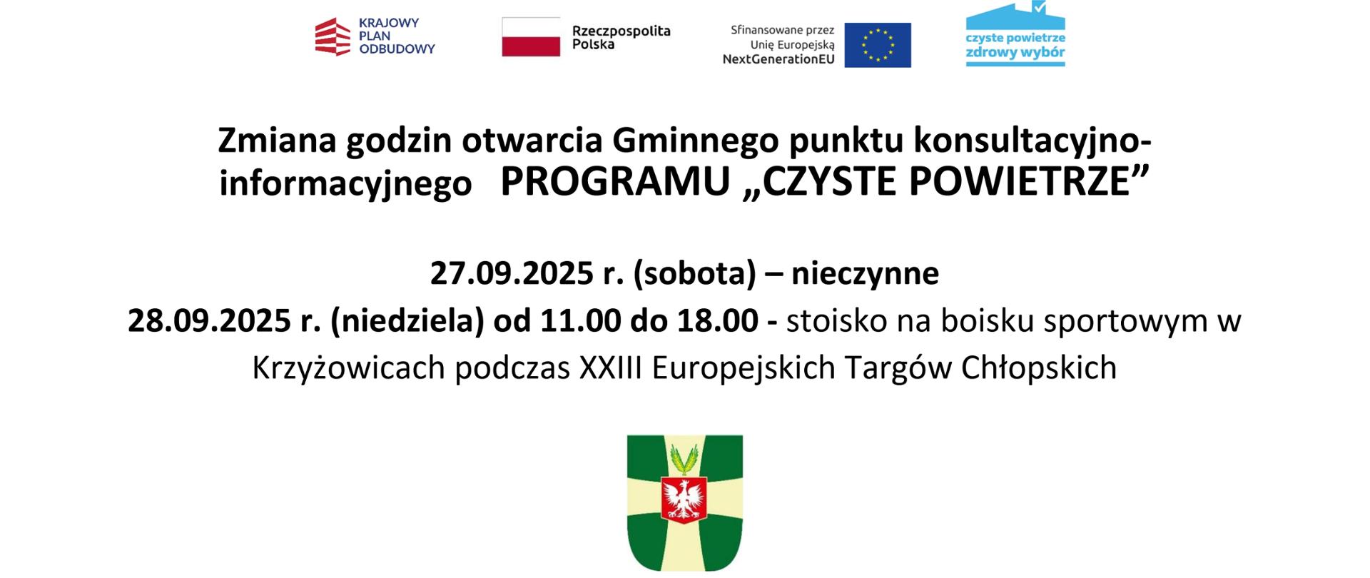 Zmiana godzin otwarcia Gminnego punktu konsultacyjno-informacyjnego programu „Czyste Powietrze”