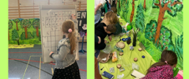 Po prawej stronie zdjęcie przedstawiające makietę lasu, obok uczniowie pochylający się i podnoszący śmieci rozłożone na zielonym materiale. Po lewej stronie zdjęcie na którym dziewczynka zapisuje hasło w krzyżówce, narysowanej na białej tablicy. 