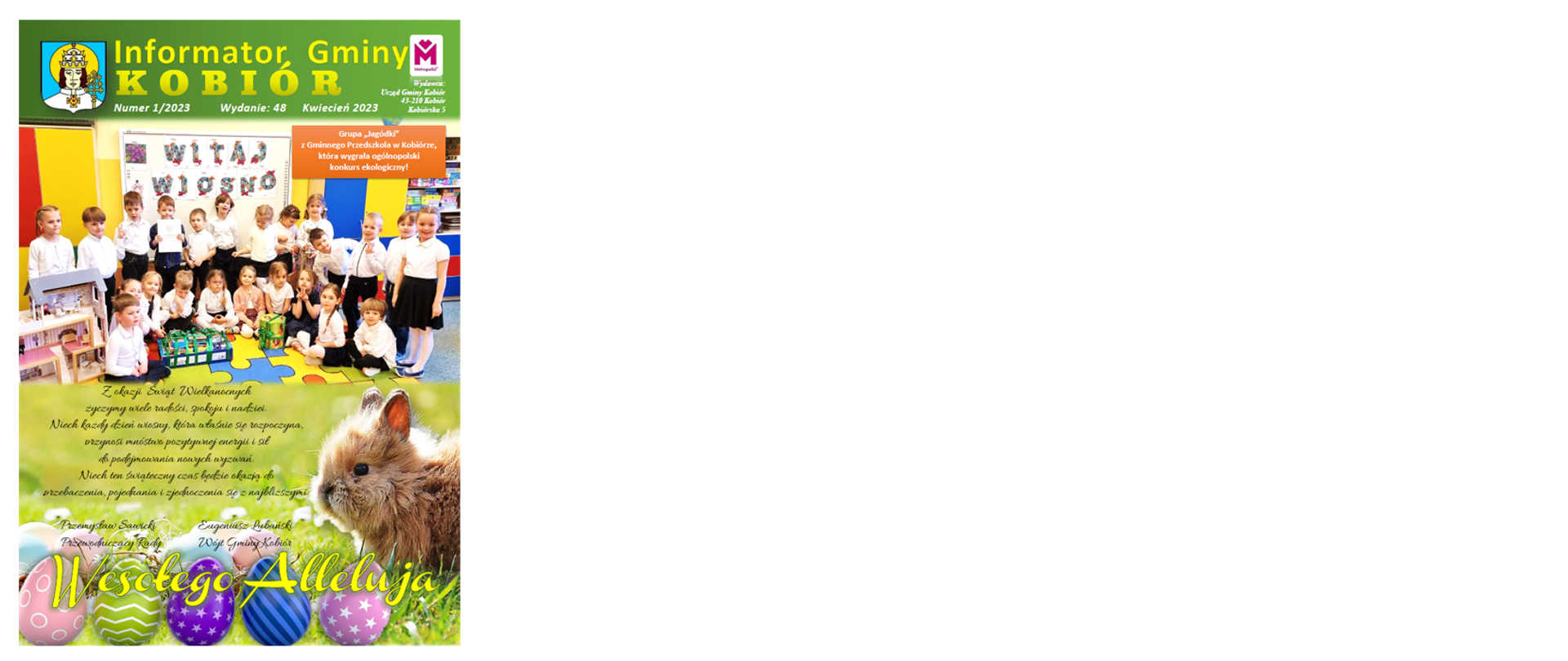 Na zdjęciu okładka Biuletynu Gminy Kobiór z marca 2023 a na niej przedszkolaki z grupy jagódki, życzenia świąteczne, wielkanocny zajączek i kolorowe pisanki