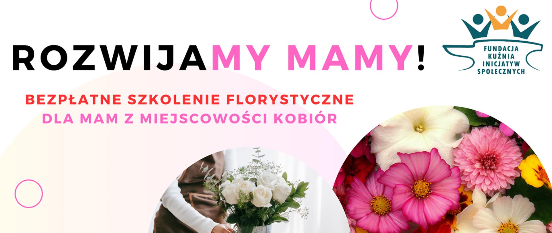 Różowo czerwona informacja o bezpłatnych szkoleniach florystycznych w tle bukiety kwiatów