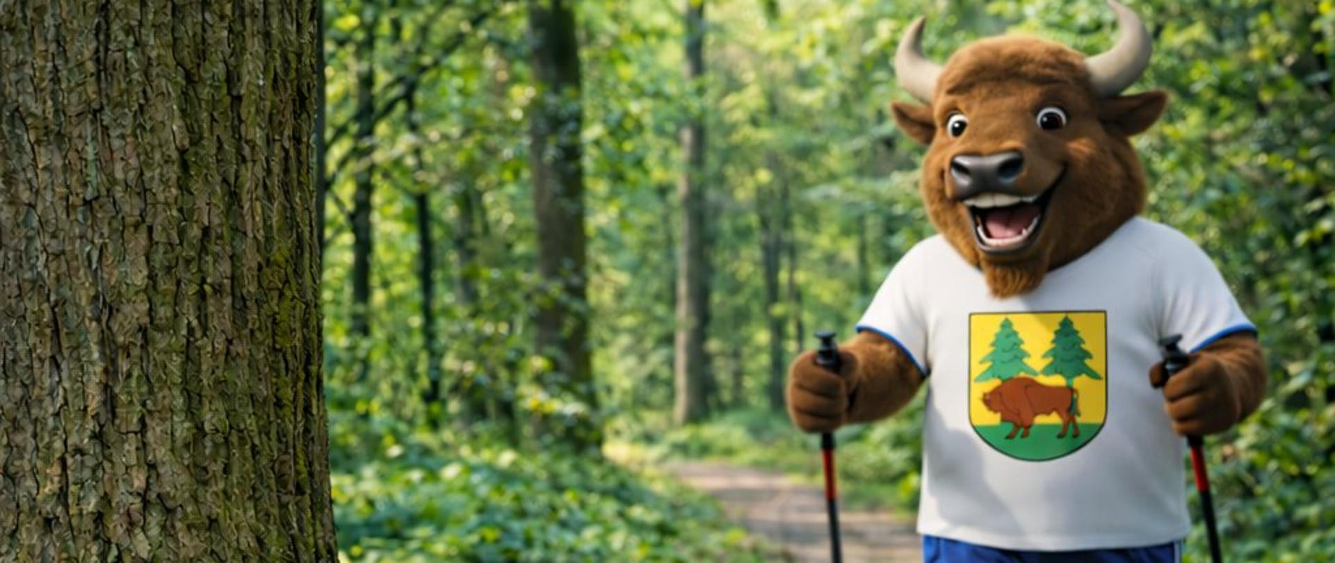 Przez Puszczę Białowieską z kijami nordic walking idzie żubr. Obok dębu stoi Puchar. U góry napis - Puchar Polski Nordic Walking 05.09.2026