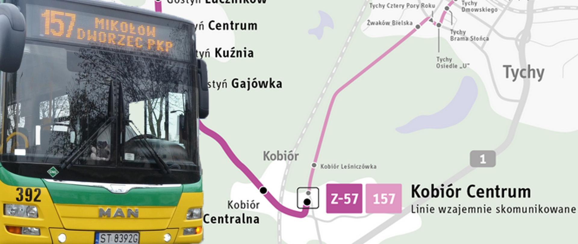 Zielono żółty autobus, w tle mapa z zaznaczoną na fioletowo trasą autobusu