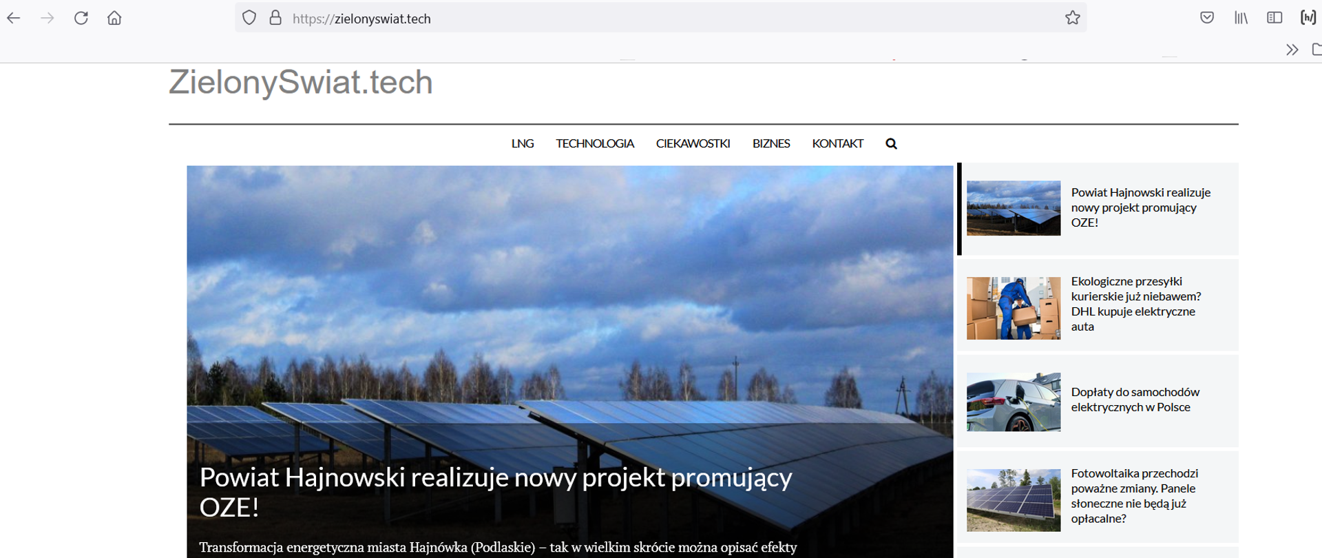 Zrzut ekranu ze strony ZielonySwiat.tech z artykułem promującym nasz region
