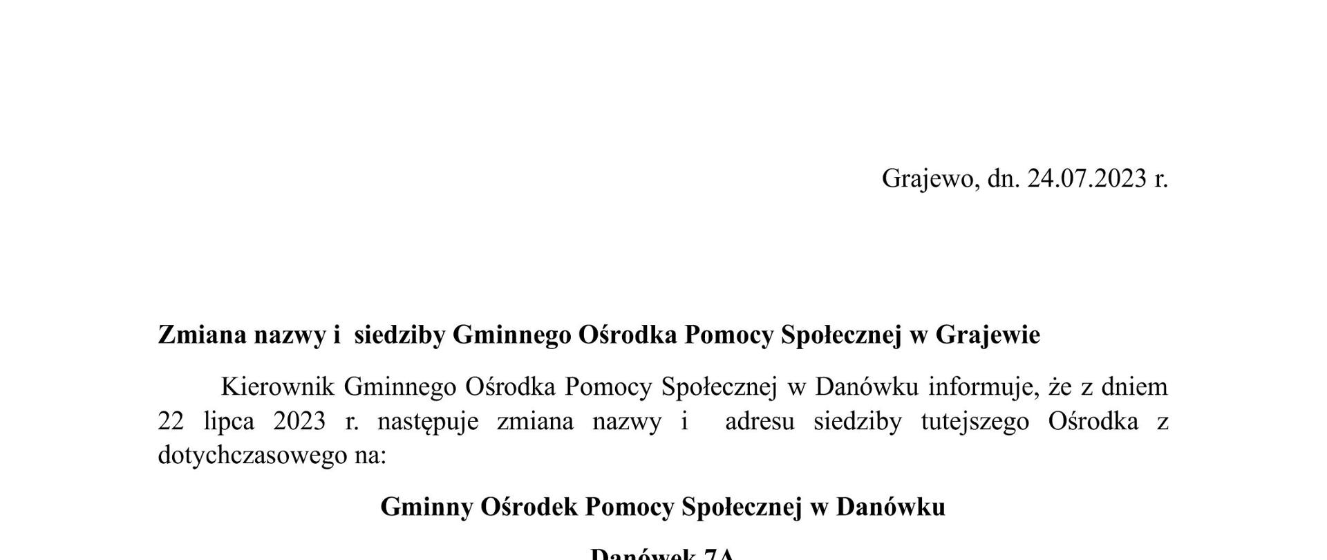 Ogłoszenie o zmianie nazwy i siedziby GOPS