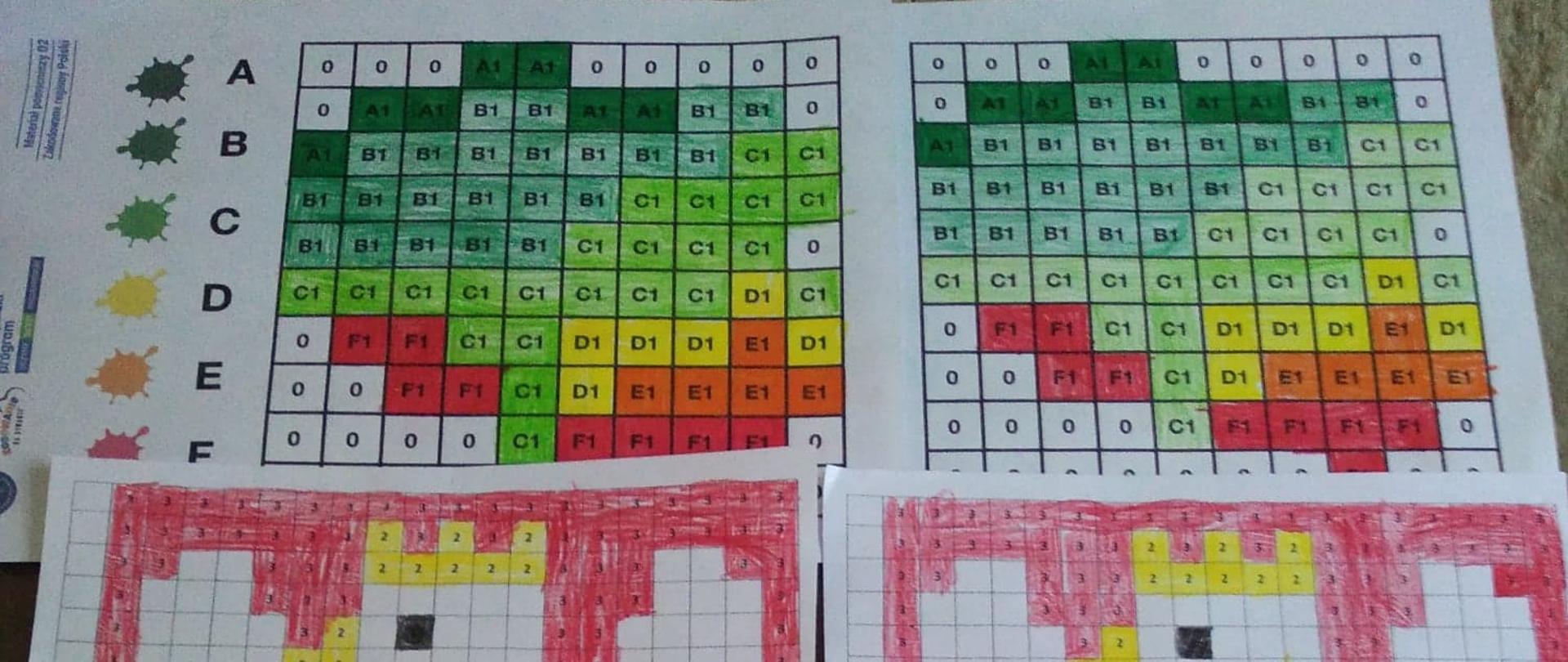 Kartki z mapą Polski, godłem oraz flagą powstałych poprzez zamalowywanie kwadratów w odpowiednie kolory