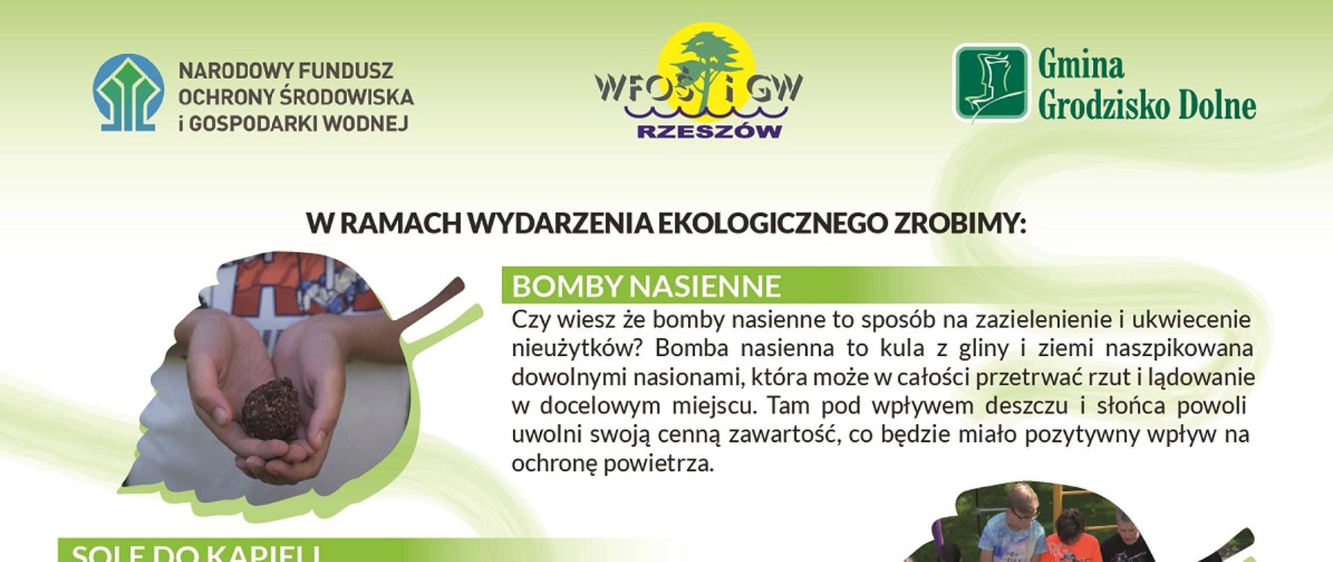 plakat utrzymany w kolorach bieli i zielenie jest zaproszeniem na piknik ekologiczny, po lewej i prawej stronie grafiki dzieci na świeżym powietrzu