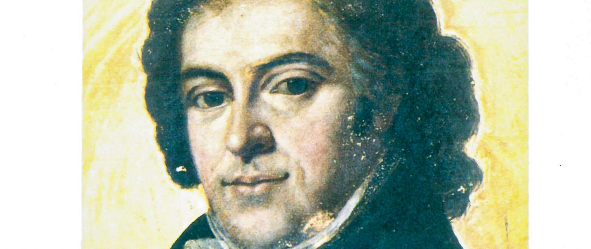 Portret Mikołaja Krzywca Okołowicza, założyciela Konstantynowa – mężczyzna w stroju z przełomu XVIII i XIX wieku, w ciemnym surducie i białej koszuli z żabotem, na jasnym tle.