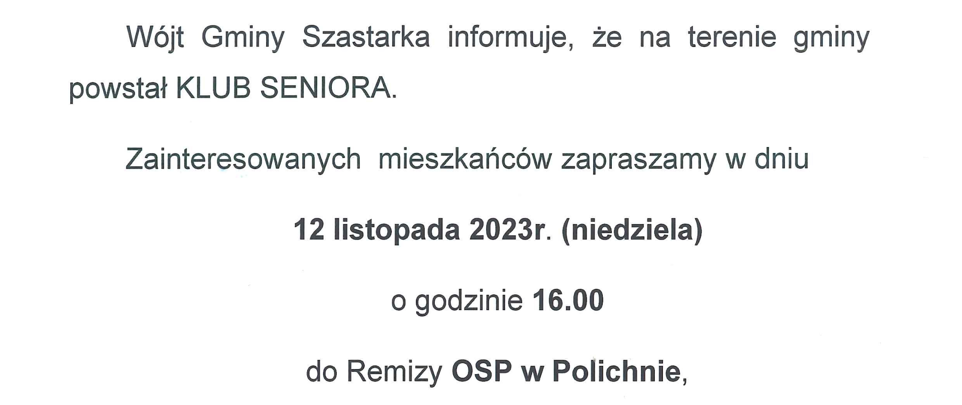 Zawiadomienie informujące o powstaniu Stowarzyszenia "AKTYWNY SENIOR"