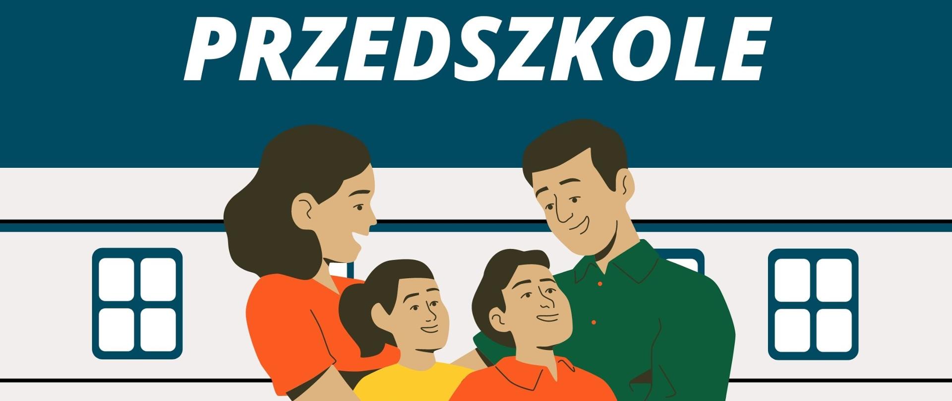 na tle budynku przedszkola rodzina
