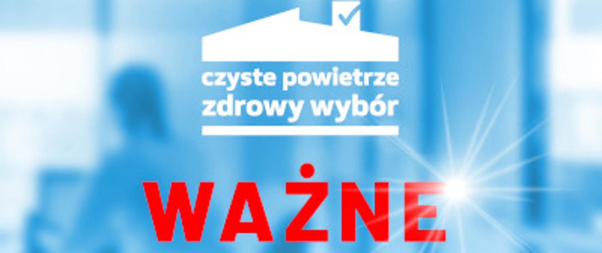 napis czyste powietrze zdrowy wybór ważne, w tle zdjęcie biura z nałożonym niebieskim filtrem