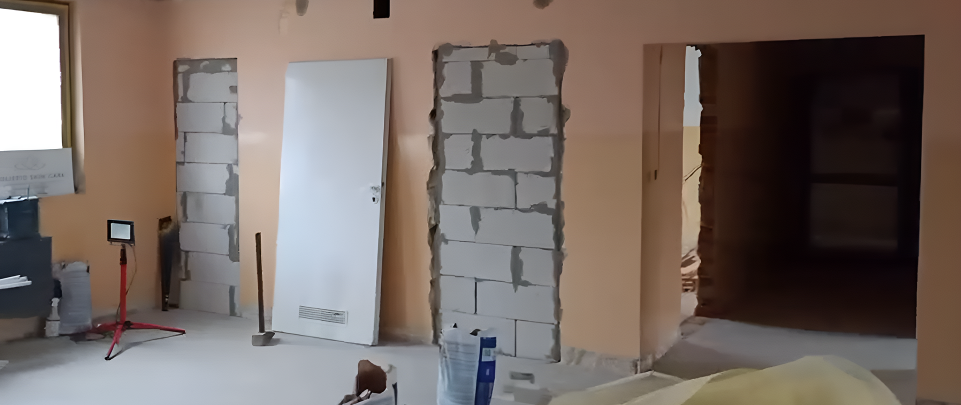Pomarańczowa ściana z zamurowanymi otworami drzwiowymia