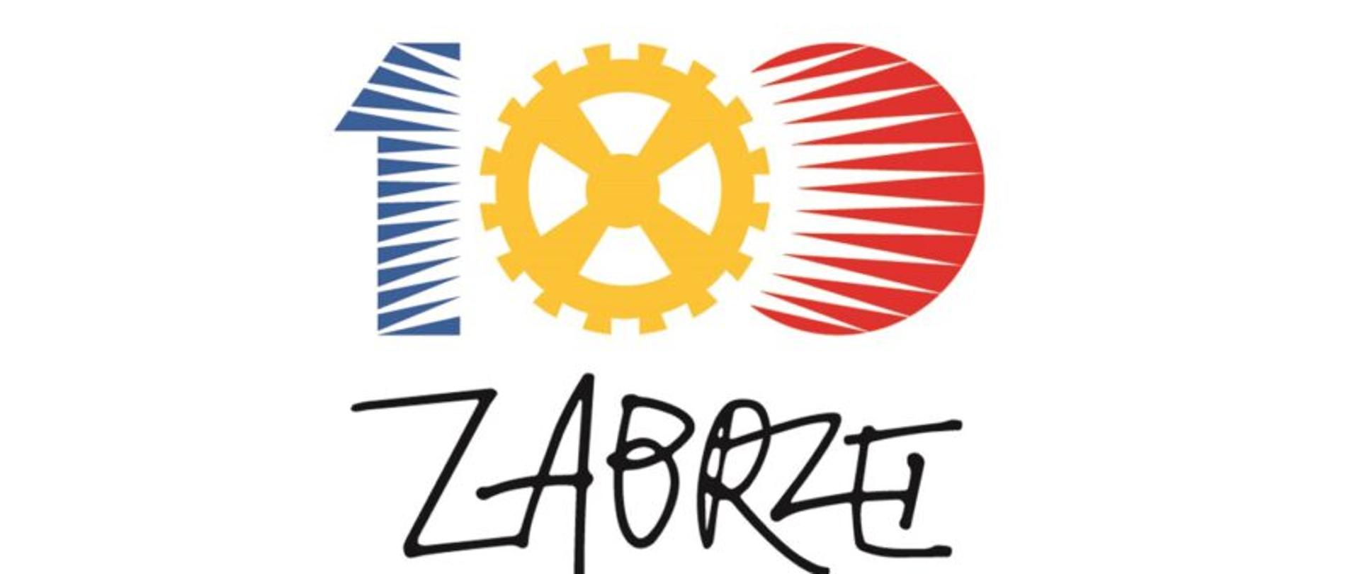 logo na stulecie miasta Zabrze, 1 w kolorze niebieskim, żółte 0 w kształcie kołatki, czerwone 0, napis Zabrze na czarno, białe tło. 