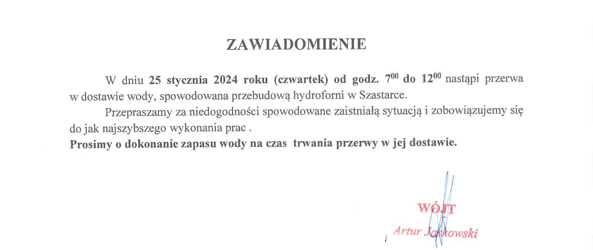 Zawiadomienie dotyczące przerwy w dostawie wody w Szastarce, Brzozówce, Brzozówce-Kolonii