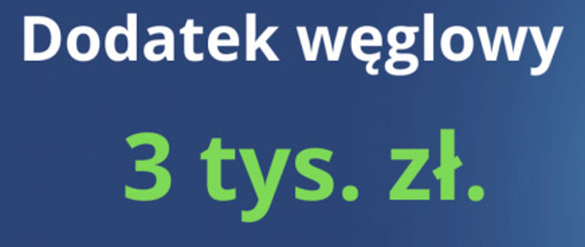 Tekst dodatek węglowy 3 tys. zł dla gospodarstw domowych na niebieskim tle