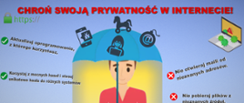 Kolorowy plakat, u góry hasło chroń swoja prywatność w Internecie, na środku chłopiec z parasolem, wokół hasła dotyczące bezpiecznych i niebezpiecznych zachowań w Internecie.