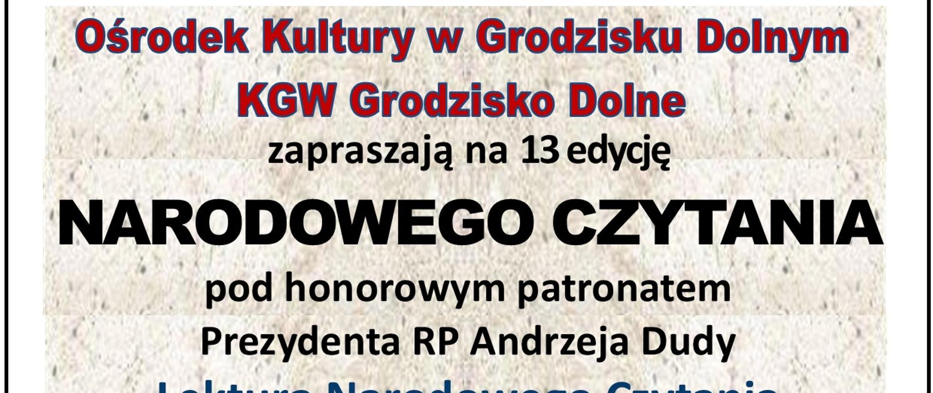 szare tło na środku otwarta książka z lewej strony postać mężczyzny twarzą do przodu obok postać mężczyzny stojącego tyłem, kolorowe litery, plakat zaprasza na narodowe czytanie 