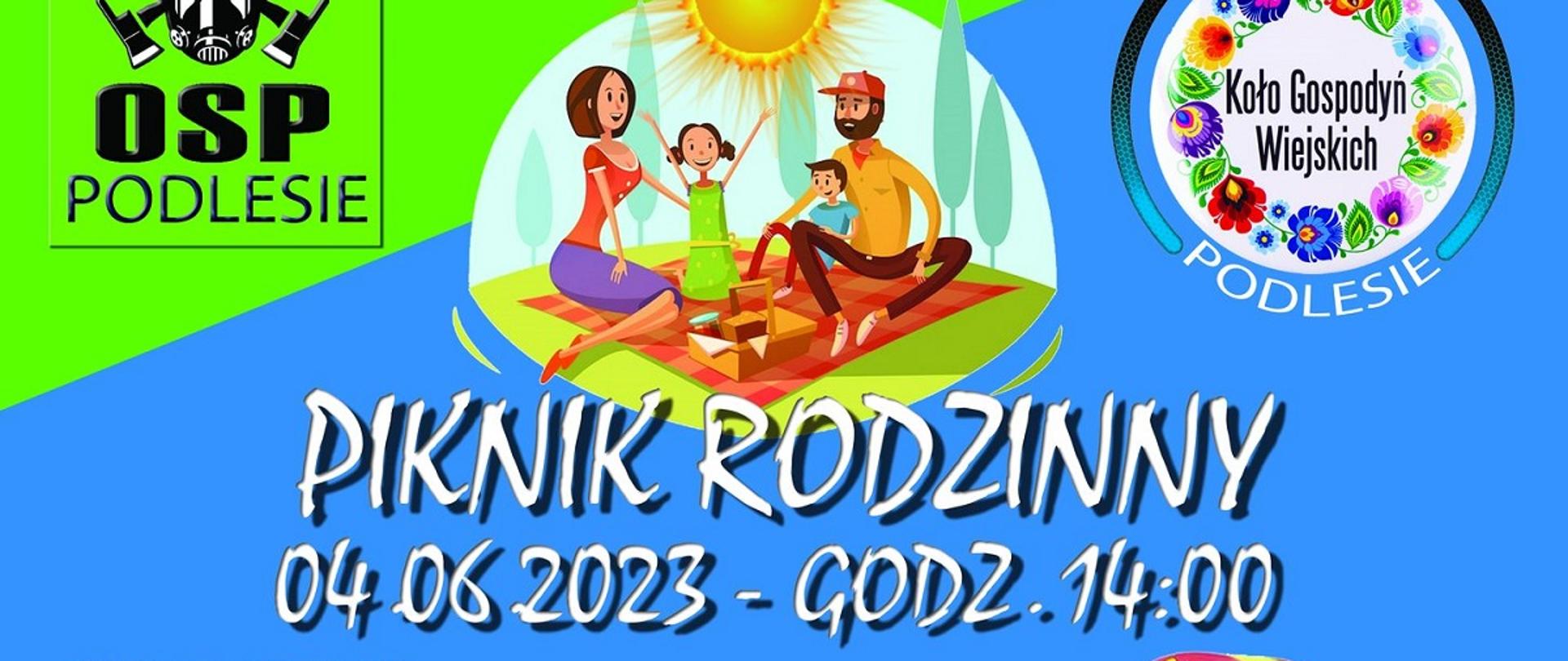 niebiesko zielony plakat zaproszenie na piknik, rodzinny. Na górze rodzina siedząca na kocu, z prawej strony dmuchana zjeżdżalnia a na dole kolorowe balony 