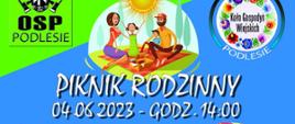 zielono niebieskie tło na środku rodzina siedząca na kocu 