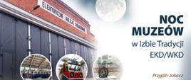 plakat Noc Muzeów WKD w Izbie Tradycji EKD/WKD przedstawia budynek Izby Tradycji i pociągi WKD z różnych okresów czasu. 