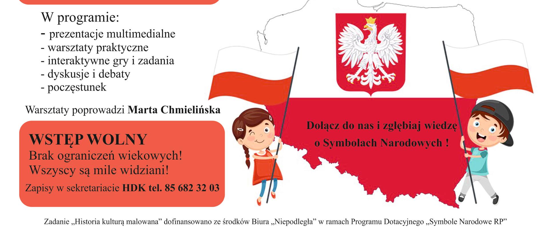 Na białym tle, grafika Polski, godło Polski, po bokach dzieci machają flagami. Obok napisy organizacyjne