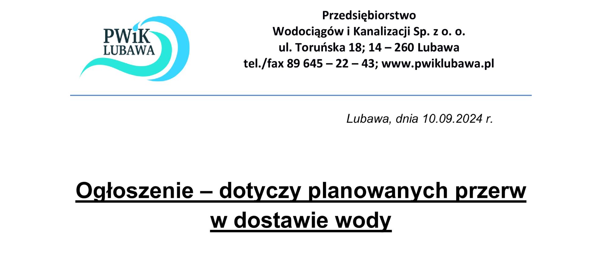 Ogłoszenie - planowane przerwy w dostawie wody